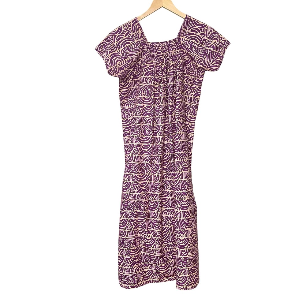 Handmade Muumuu Dress Short Sleeves Midi Purple Tan Swirl Print Women Hawaiian